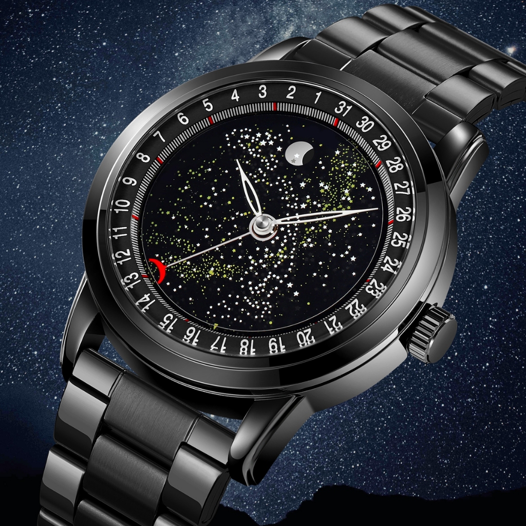 Skmei 星空月相男士手錶豪華黑色不銹鋼商務手錶男士正裝石英手錶