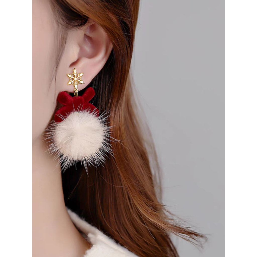 毛絨毛球耳環秋冬新款爆款高級耶誕耳飾過年紅色蝴蝶結氣質耳環