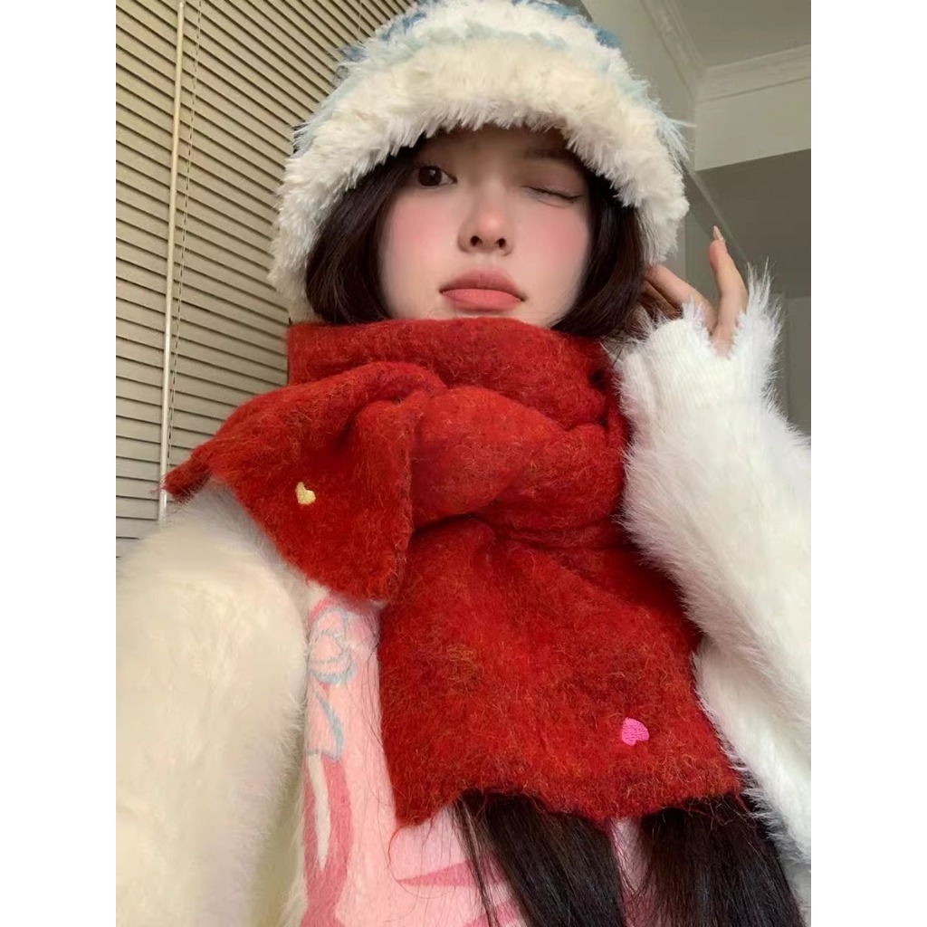 含羊毛可愛粉色圍巾女冬季天2023新款高級感保暖加厚針織圍脖韓系圍巾