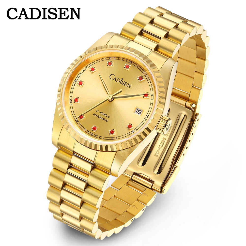 Cadisen 男士機械自動手錶日本 8215 機芯藍寶石不銹鋼豪華金色手錶
