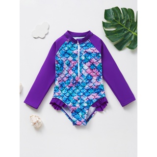 女孩連身衝浪服泳衣紫色魚鱗印花兒童時尚泳裝