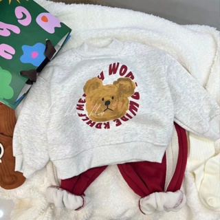兒童新款套裝冬季2023卡通小熊保暖刷毛加厚大學T女童寶寶兩件套