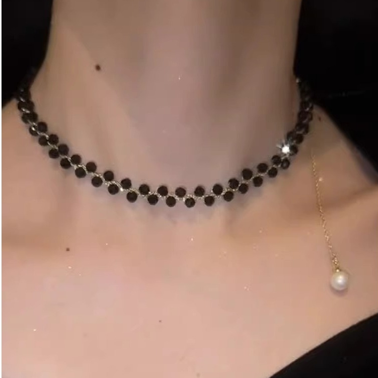 輕奢黑色水晶項鍊法式時尚高級感鎖骨鏈小眾設計感可調整頸鍊