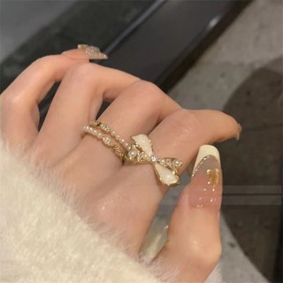 韓版鑽石蝴蝶結珍珠戒指女金色ins精緻學生生日