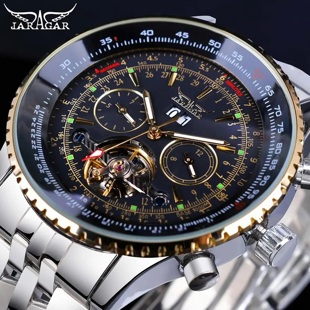 Jaragar Flying 系列金色表圈刻度錶盤設計不銹鋼男士手錶頂級品牌豪華自動機械表
