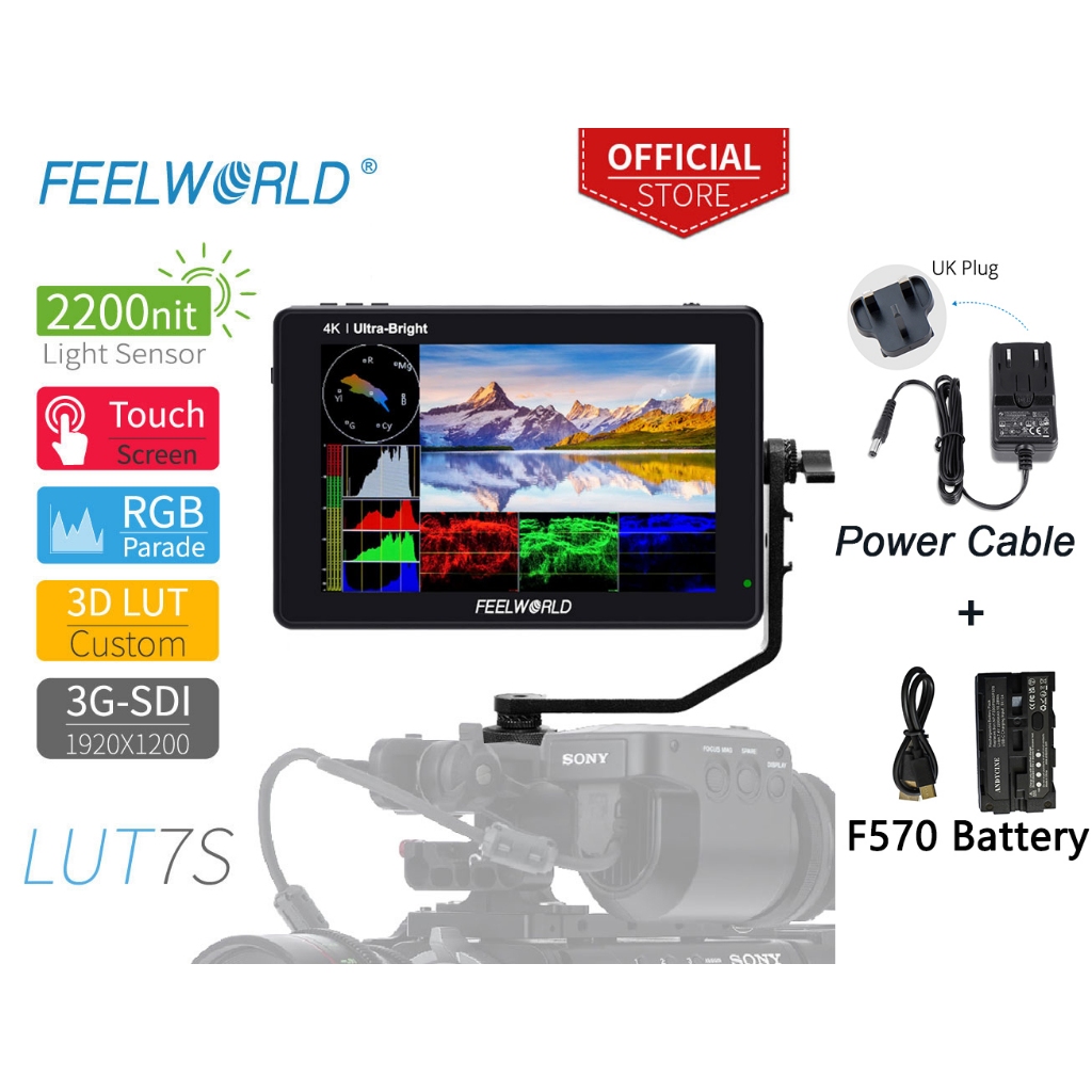 Feelworld LUT7S 7 英寸 2200nit 超亮 SDI 觸摸屏數碼單反相機現場監視器,帶三維 Lut 波