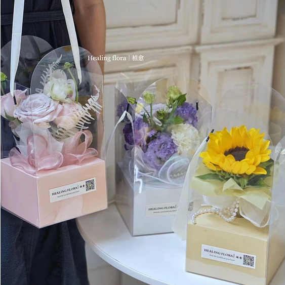 【客製化】【鮮花包裝盒】 pvc手提盒 透明 玫瑰 鮮花 包裝 手提插花袋 花束包 花盒 diy手工