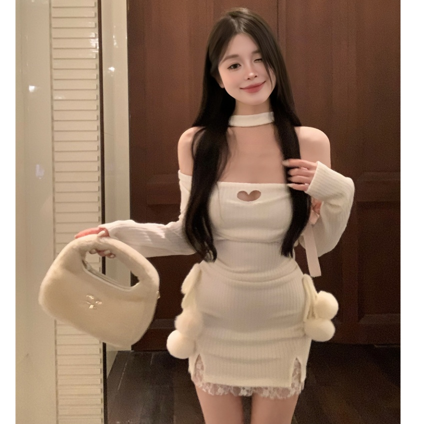 韓版聚會派對性感緊身洋裝女裝緊身收腰蕾絲花邊拼接鏤空設計感一字領長袖包臀洋裝