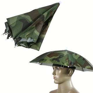 1把21.65英寸/54.99釐米可摺疊帽傘，解放雙手，戶外釣魚徒步覓食用頭戴式雨傘，迷彩傘，陽光和雨天兩用紫外線防護傘