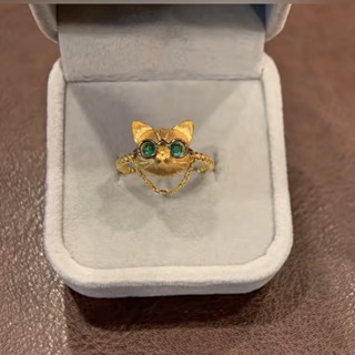 18K黃金貓咪戒指 開口食指戒 個性精緻可愛眼睛貓頭鷹鏈條尾戒指環