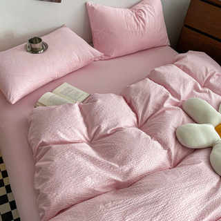 華夫格系列純色床包套組 泡泡紗面料 雙人床包組 加大床包組 5呎床包 被套被單 枕頭套 淺豆沙櫻花粉奶白色淺豆沙米黃