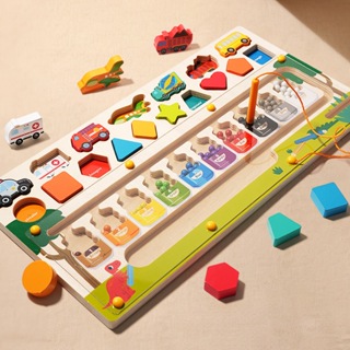 木製 磁性迷宮走珠走位玩具 三合一形狀顏色分類交通配對 早教益智啟蒙玩具