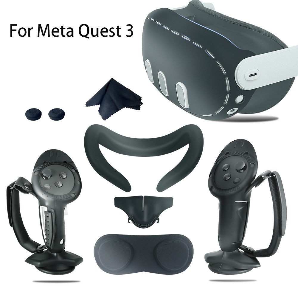 Meta quest 3 矽膠防汗面罩保護前蓋鏡頭保護罩遮光鼻吸盤鯊魚風格可調節手柄罩全套