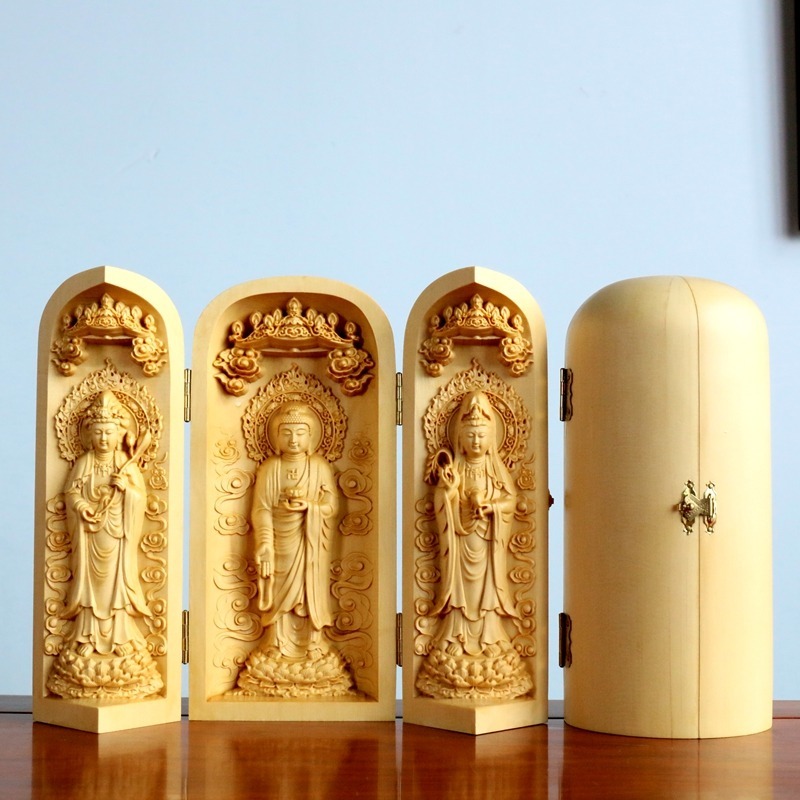 【居舍木雕】隨身佛龕三開盒檜木雕刻擺件佛像西方三聖娑婆三聖觀音地藏王菩薩