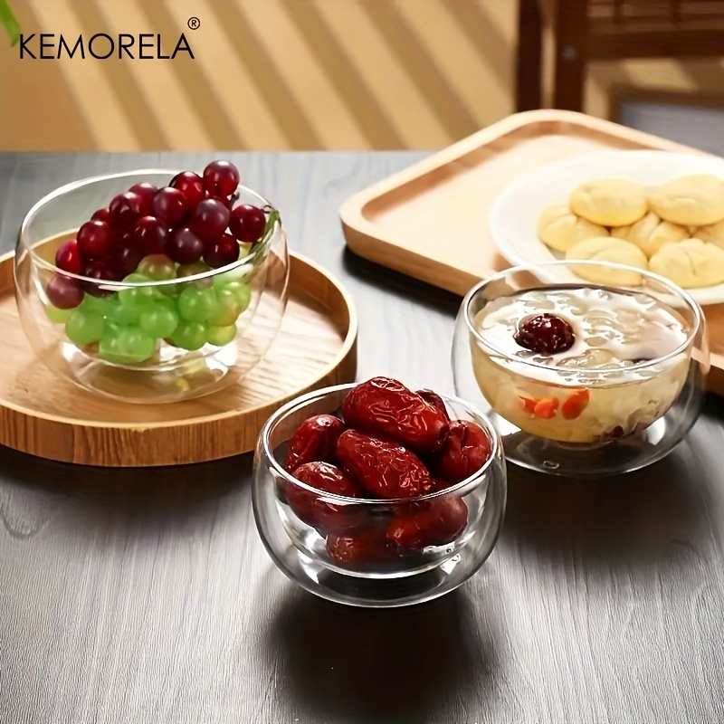 KEMORELA  雙層耐熱冰淇淋碗高玻璃碗沙拉碗硼矽沙拉碗餐具耐熱雙層玻璃碗家用水果酸奶烘焙沙拉碗