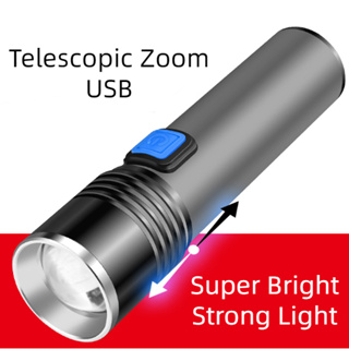 強光手電筒USB鋁合金手電 多功能LED迷你伸縮變焦