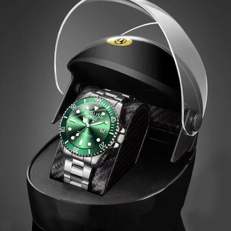 【禮品】ORUSS原裝商務豪華不鏽鋼防水時尚男士手錶夜光日曆石英自動