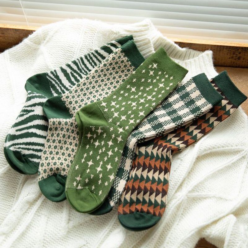 綠色絲襪 5pcs Forest 女式絲襪可愛休閒襪棉襪