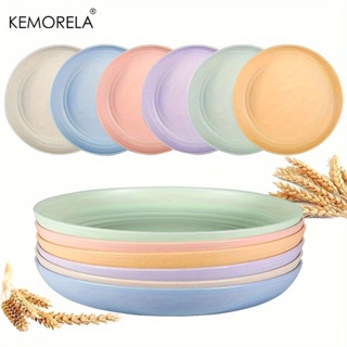 KEMORELA 麥秸盤家用塑料水果盤纖維盤子零食甜點餐盤 4PCS 可重複使用塑料盤子輕質小麥秸杆盤沙拉盤