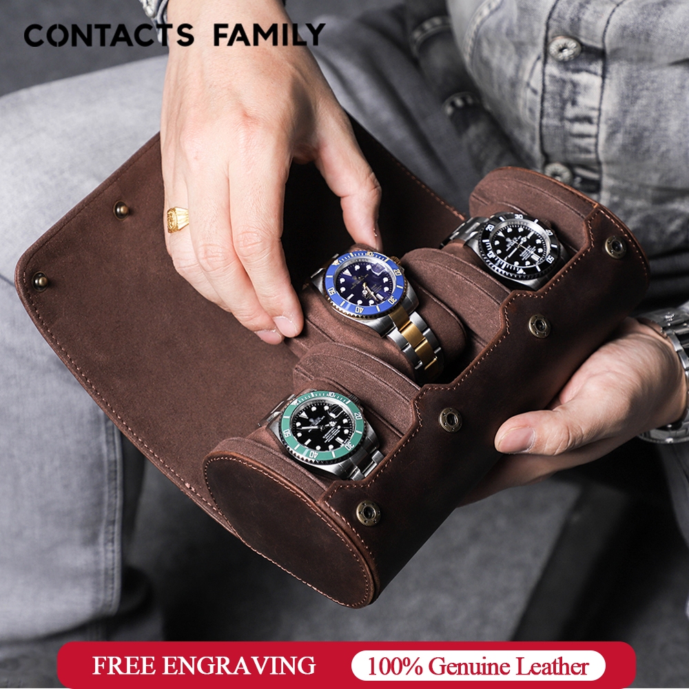 CONTACTS FAMILY 豪華 1/2/3 槽手錶捲盒皮革錶殼支架男士旅行手錶收納袋展示首飾收納袋禮物