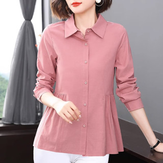 5xl 超大號女式寬鬆上衣長袖 Wanita Baju 上衣 Blus Polo 領 V 領尼龍襯衫秋季收緊腰上衣 #1