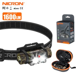 Nicron手電筒h28頭燈 1600流明高亮度雙開關控制led頭燈 迷彩h28防水頭燈18650 Type-c手電筒
