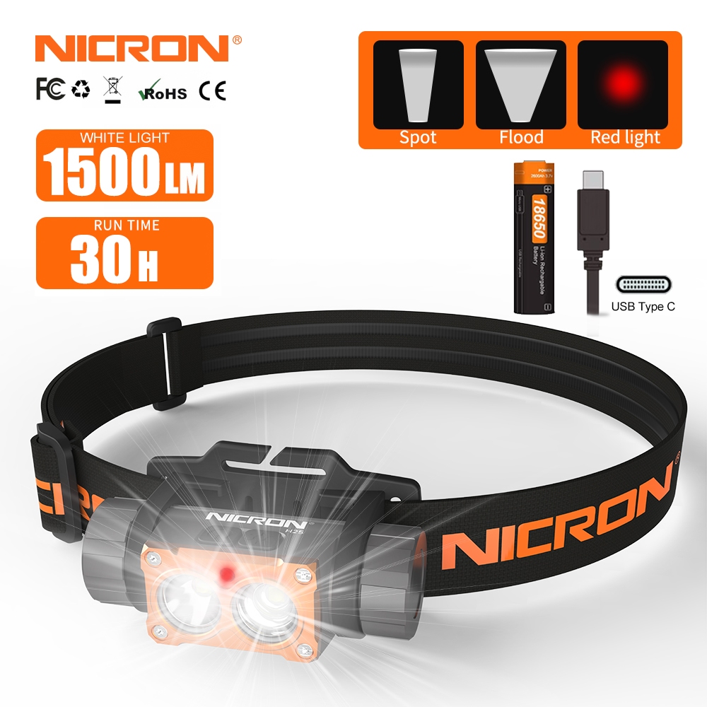 Nicron手電筒h25頭燈1500流明高亮度雙開關控制led頭燈黑色h25防水頭燈18650 Type-c手電筒