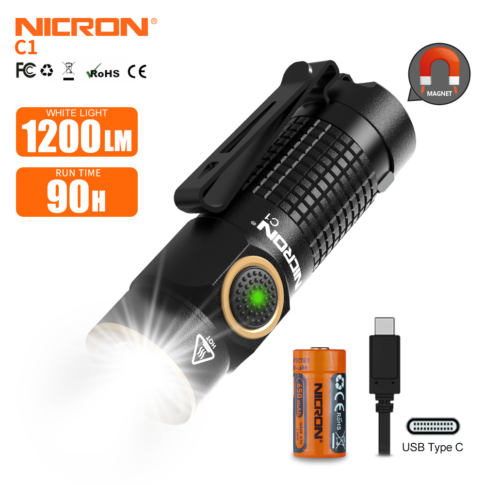 Nicron 手電筒 C1 1200 流明迷你 LED 手電筒手電筒燈 148 米遠光燈距離迷你 16340 強力可充電
