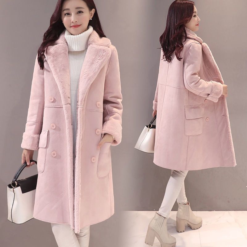 羔羊毛外套女韓版冬季刷毛加厚麂皮絨大衣中長款皮毛一件式翻領棉衣