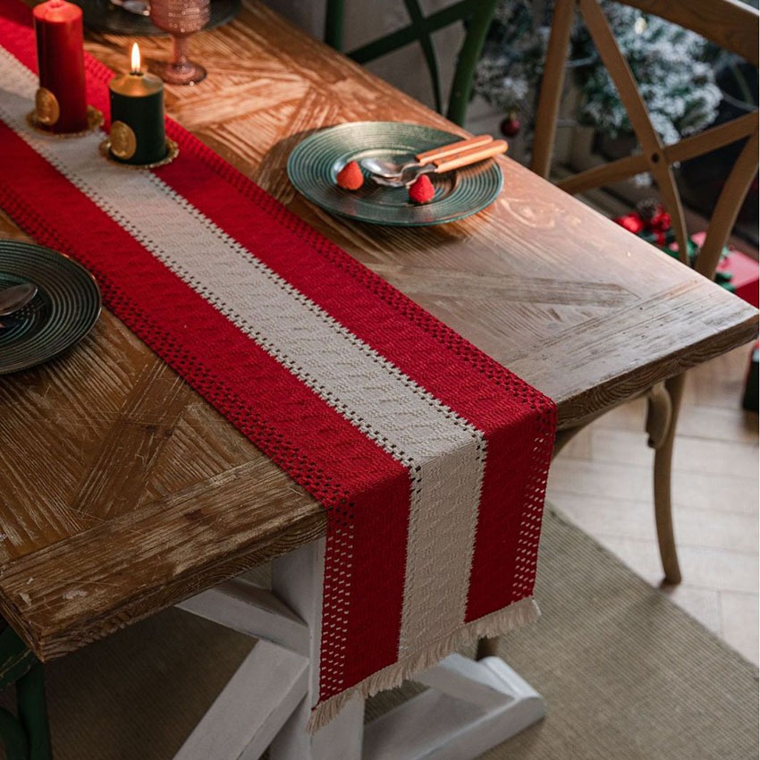 新年紅桌旗綠色編織棉麻餐桌旗布聖誕裝飾 4 6 8 10 12 座