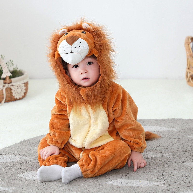 「✨JULYBABY」寶寶連身衣 嬰兒睡衣 寶寶小獅子造型衣服 秋冬嬰幼兒寶寶單層休閒連帽卡通造型連身 寶寶哈衣