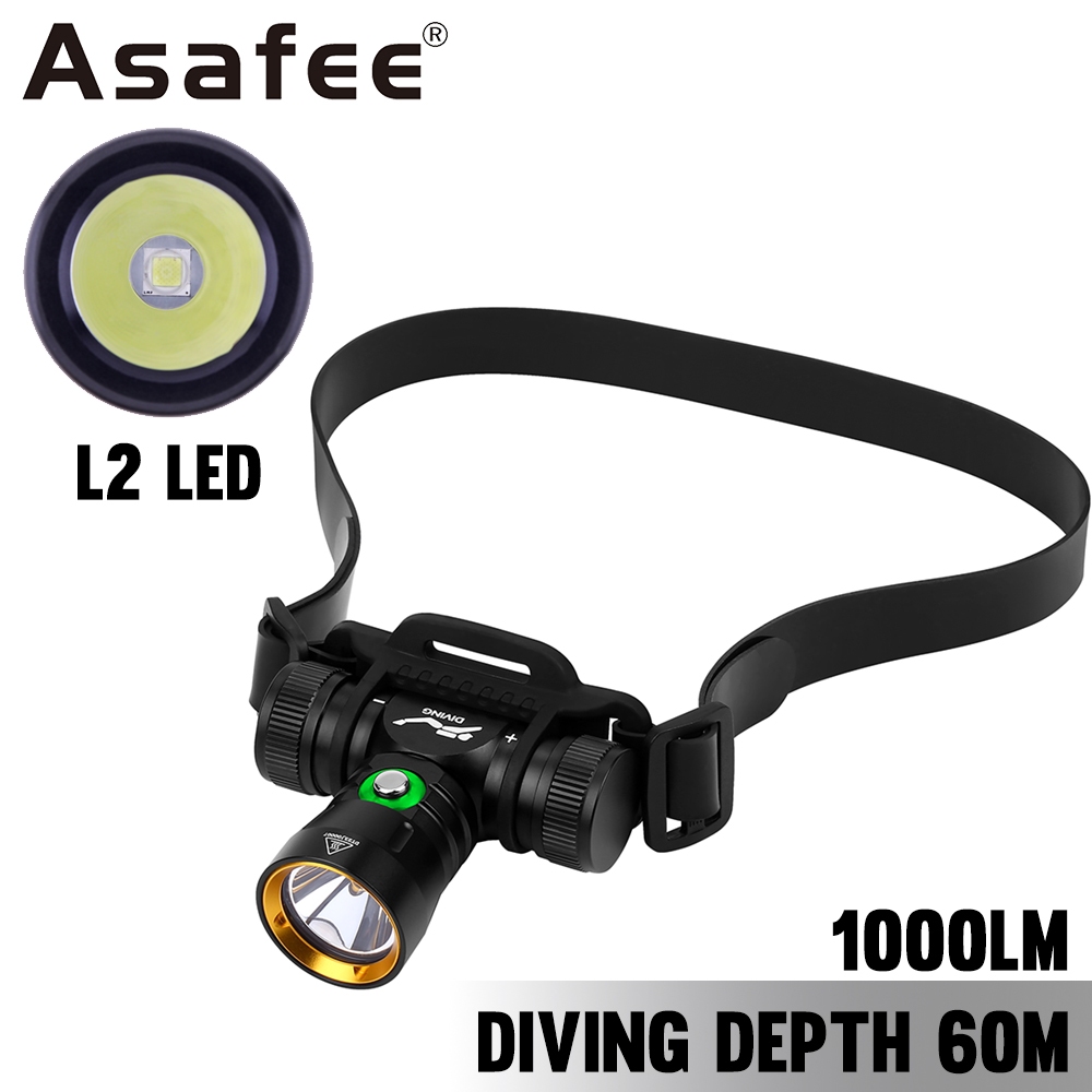 Asafee DH100 可拆卸潛水頭燈 1000LM L2 LED 潛水手電筒 USB 可充電防水 60M 深度潛水手