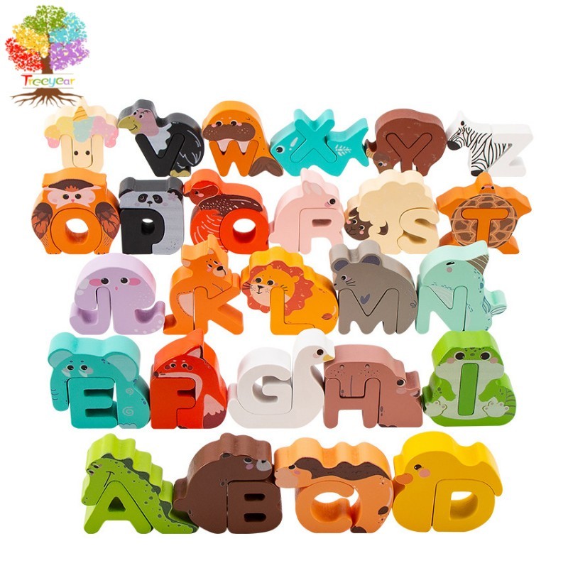 【樹年】兒童木製卡通動物26個英文字母大寫單詞認知早教益智拼圖玩具