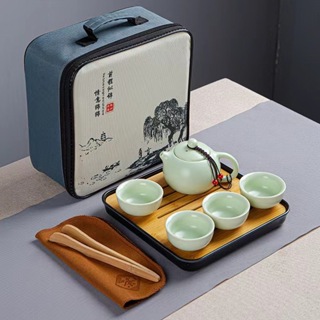 陶瓷旅行茶具套裝陶瓷便攜方便旅行茶具套裝帶方形竹盤