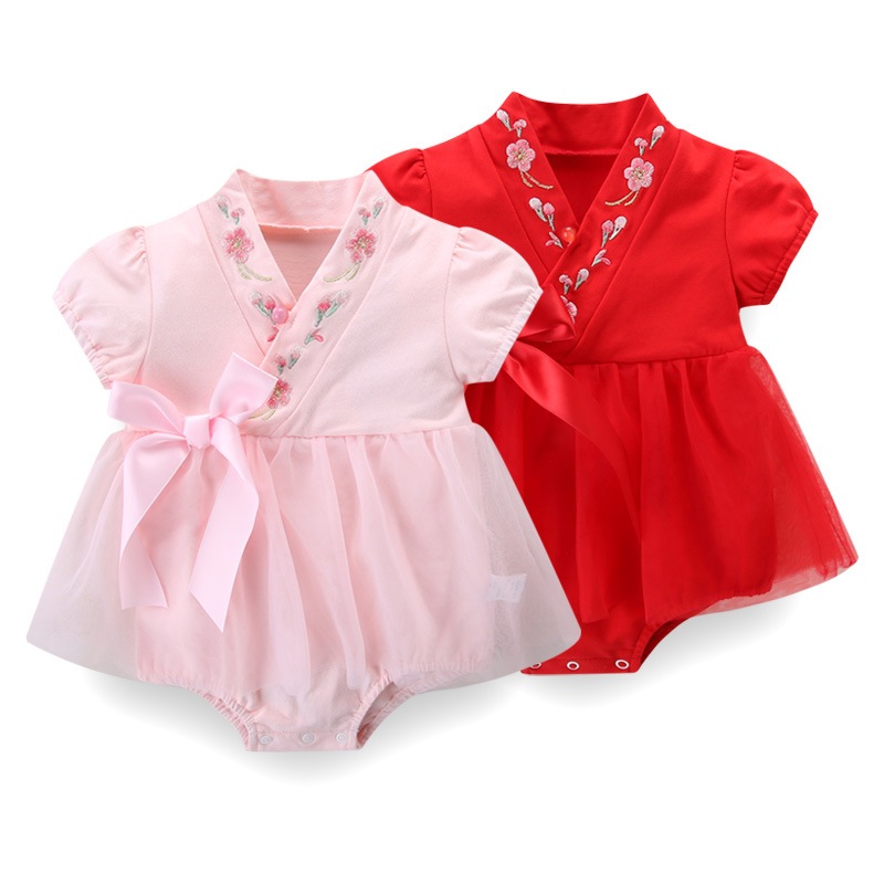 新生嬰兒連身衣紅色新年短袖女童中式旗袍連衣裙