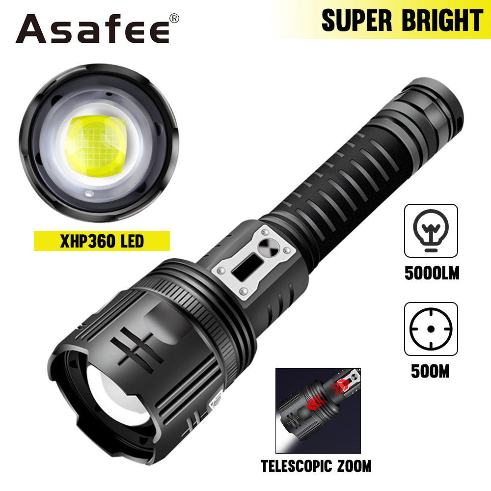 Asafee 5000LM 8080 XHP360LED超亮戶外野營手電筒伸縮變焦5档按鈕開關IPX4使用26650