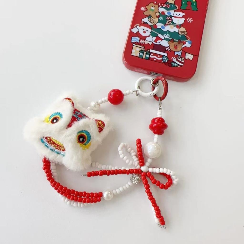 新款中國風毛絨卡通獅子頭紅色亞克力串珠掛繩手機鏈鑰匙圈包包吊飾