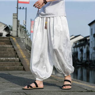 男士褲子龍紋中式寬鬆長褲光滑緞面褲太極舒適沙灘褲