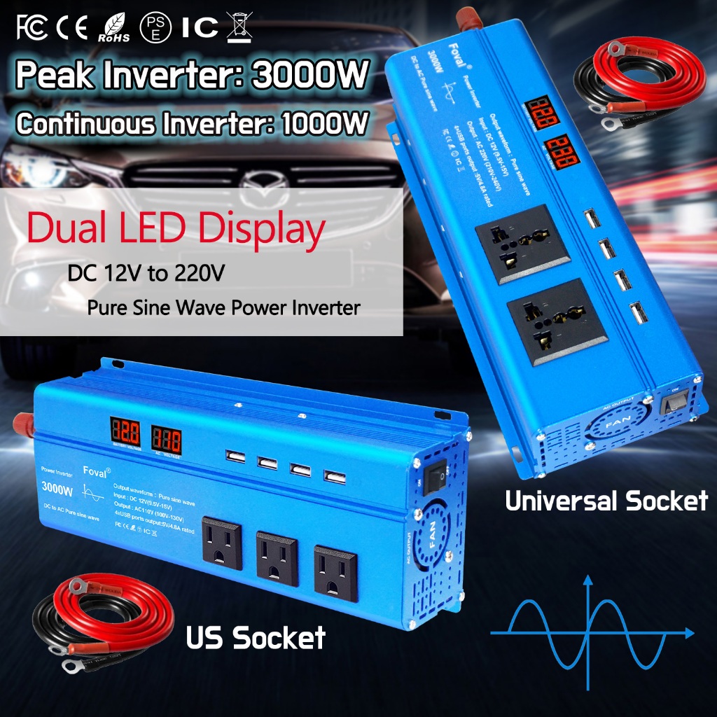 純正弦波逆變器 1000W/3000W 連續電源車載電源逆變器 4USB DC 12V/24V 到 AC 110V/22