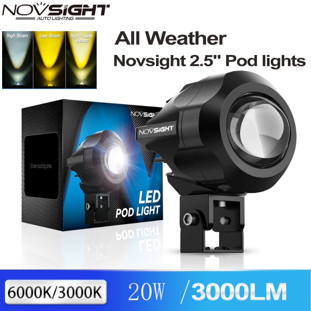 Novsight 2024最新 三色 2.5 英寸机车越野圓形燈條 LED外掛魚眼燈 超亮 遠光燈/近光燈 6500K