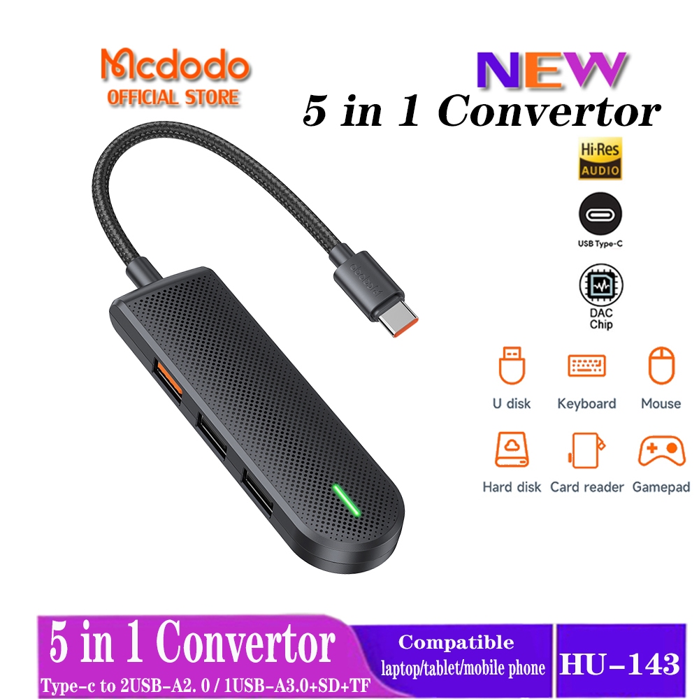 MCDODO 麥多多 5 合 1 轉換器適配器 2 USB-2.0/1 USB-3.0/1-SD+1-T 磁盤閃存驅動器