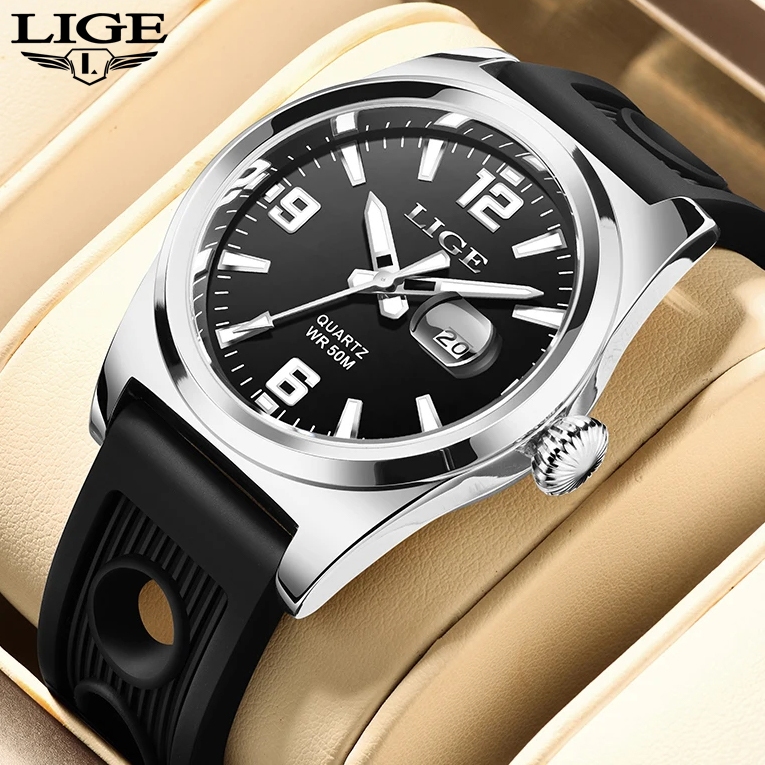 Lige 男士手錶防水運動石英夜光矽膠錶帶休閒手錶