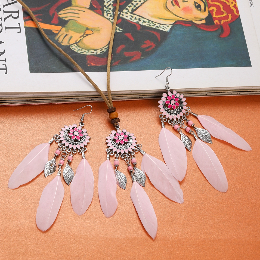波西米亞花葉吊墜耳環項鍊女式複古粉色珠子羽毛流蘇長耳環時尚首飾配件