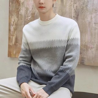 圓領撞色毛衣男 輕熟風不規則漸變色紋理撞色毛衣 新款秋冬季寬鬆套頭長袖打底針織衫男裝上衣