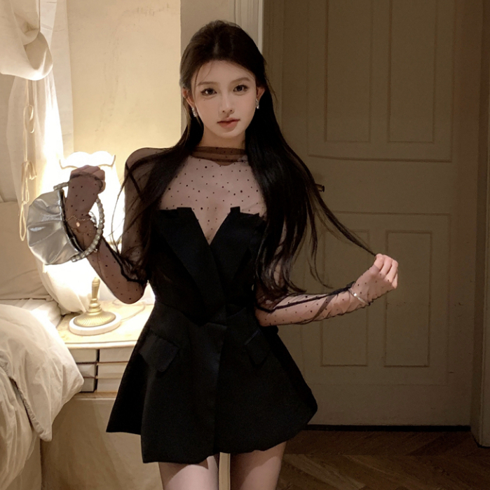 韓版時尚套裝女裝聚會派對性感水鑽亮片長袖T恤上衣+一字領無袖黑色抹胸上衣兩件套
