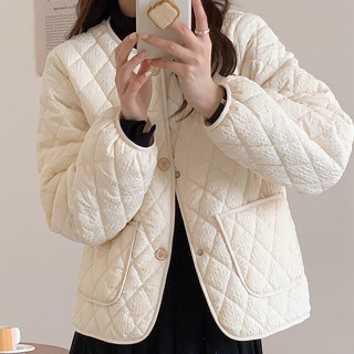 PU皮夾克歐美2023年菱形格棉服外套圓領長袖單排扣上衣