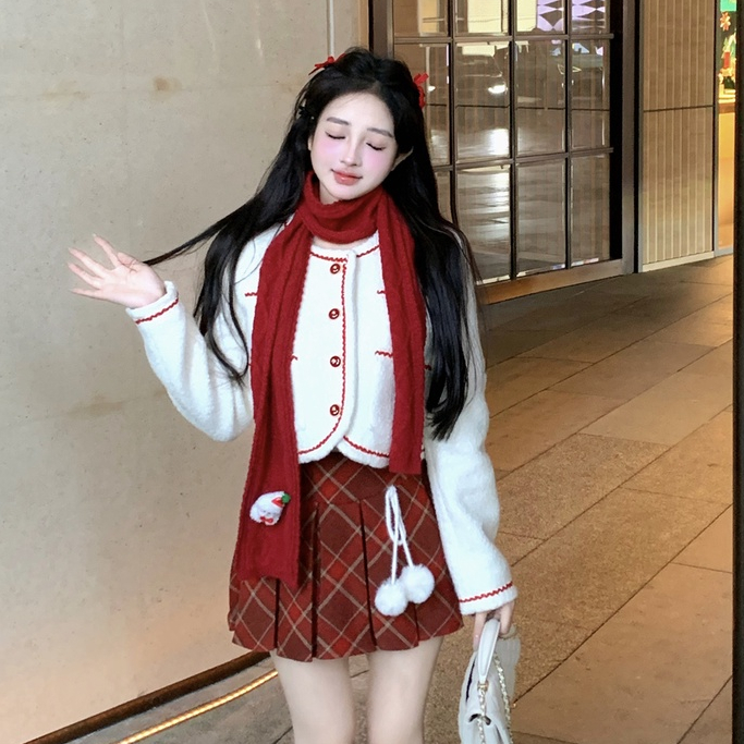 韓版時尚套裝女裝聚會派對高級設計圓領單排扣長袖白色毛呢外套+高腰紅色格紋百褶半身裙兩件套