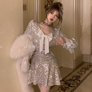 法式聚會派對性感銀色亮片洋裝女裝緊身收腰蝴蝶結圓領長袖A字洋裝