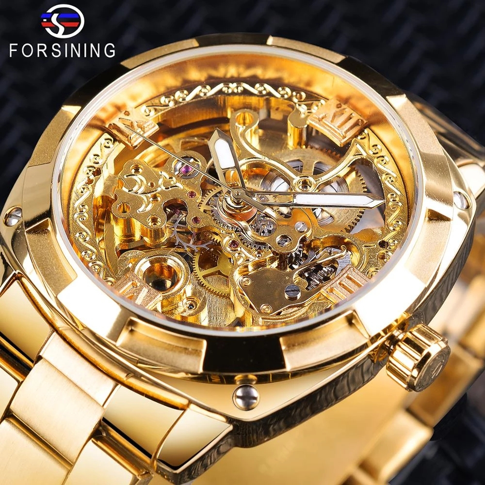 Forsining 復古男士自動機械手錶頂級品牌豪華全金色設計夜光指針鏤空時鐘男
