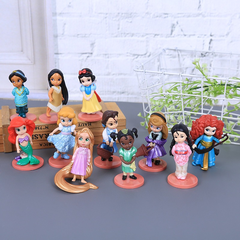 11 件/套 9 厘米迪士尼公主公仔白雪公主灰姑娘極光愛麗兒貝兒茉莉花木蘭長發公主 Q 版 PVC 可動人偶模型娃娃玩具